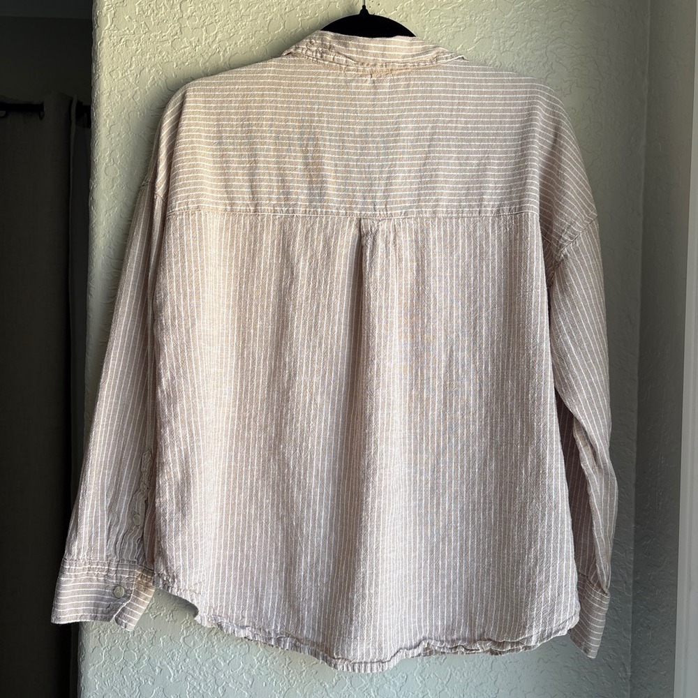 Striped Women L Button Boho Tan White Linen Blend Long Sleeve Coastal Granola - Picture 3 of 7